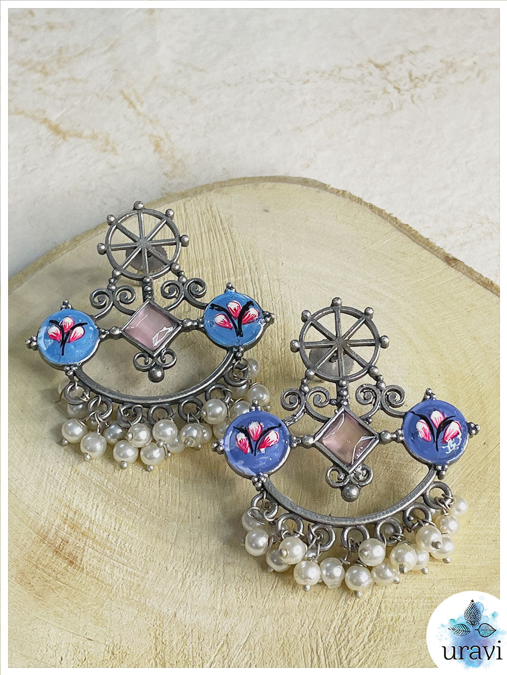 Charkha Silver Look-Alike minakari Stud Earrings