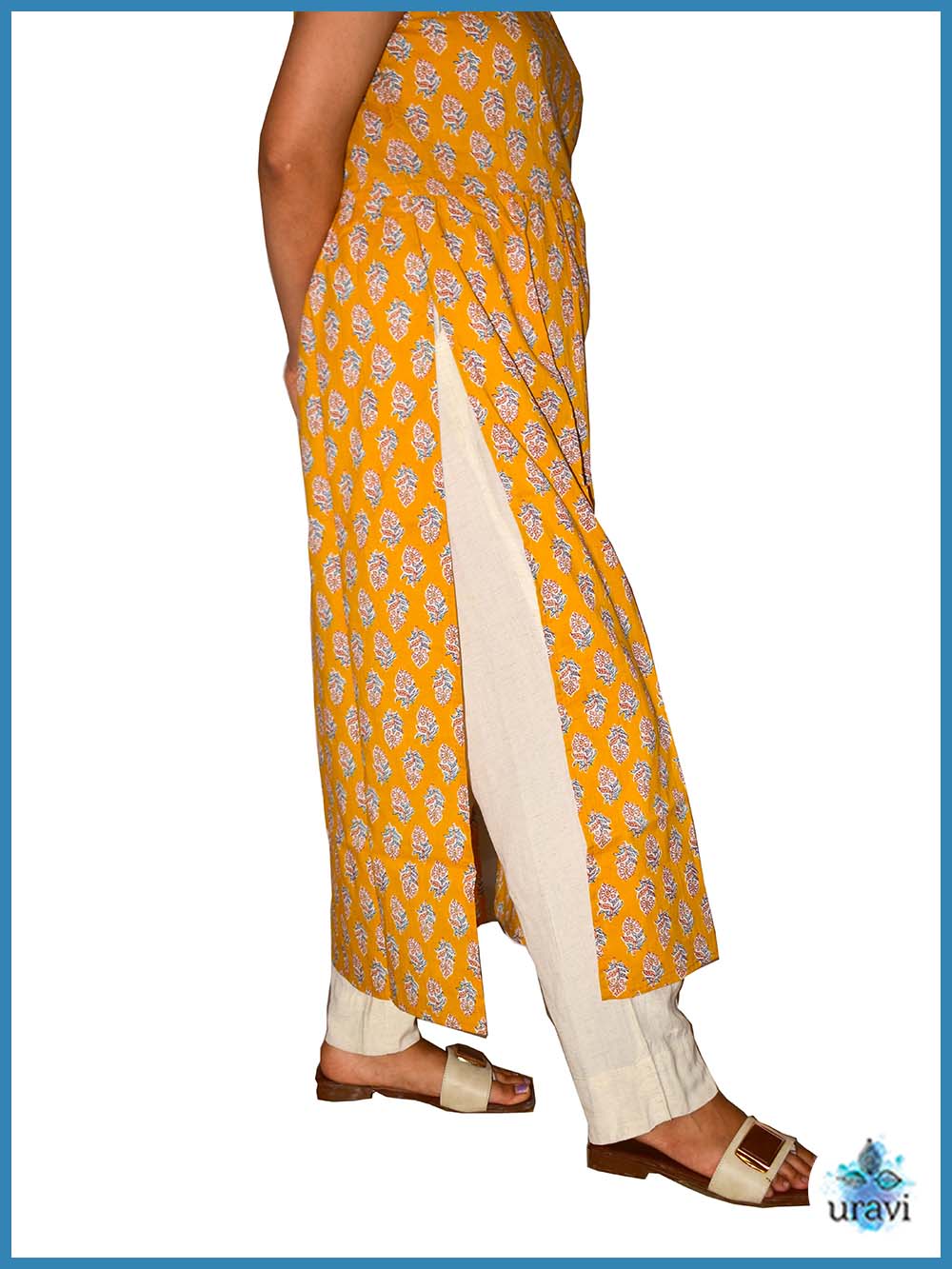 Kumudini – Mustard Sanganeri Screen Print Strappy Kurta