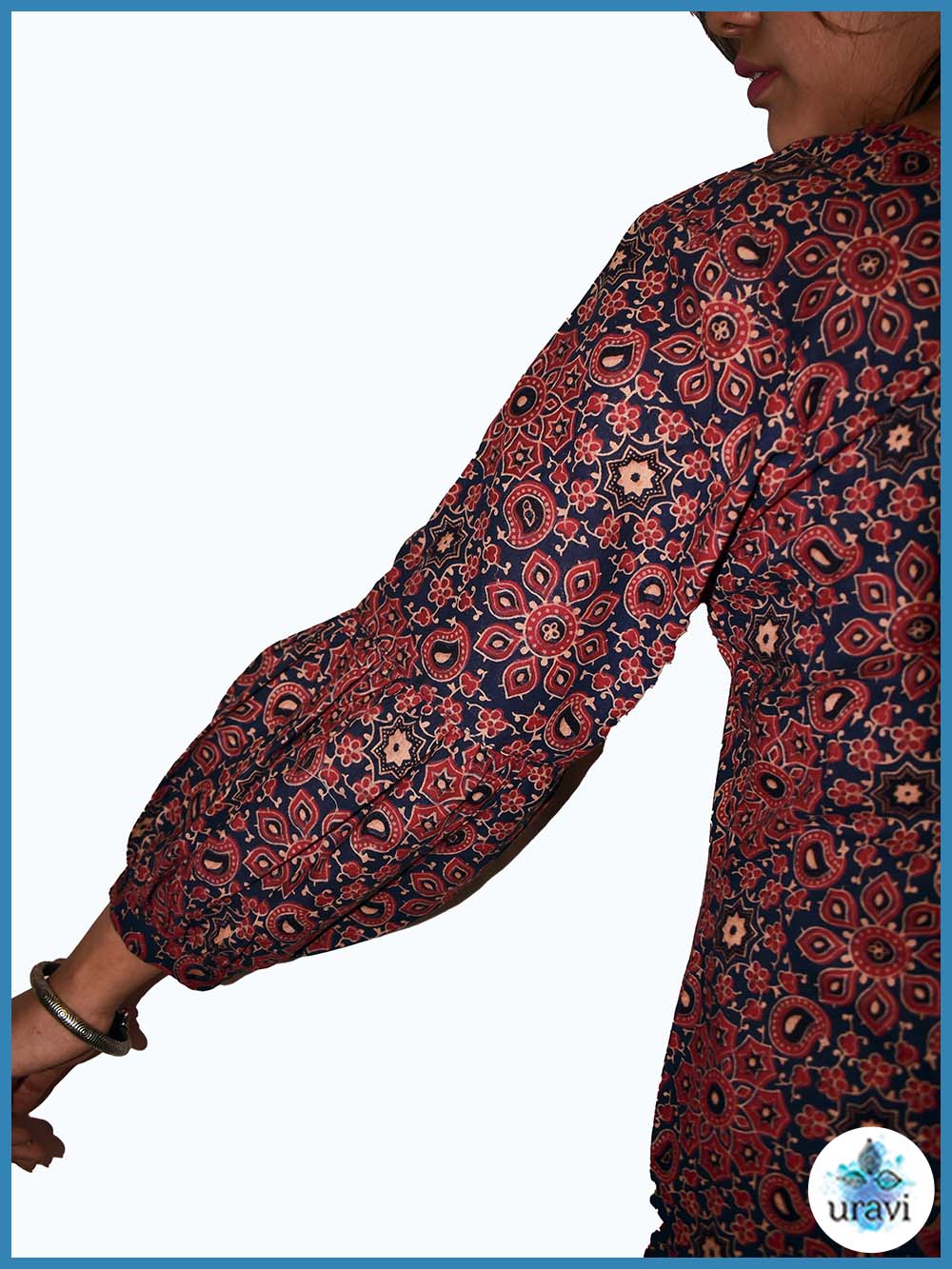 Sharvangi – Indigo-Rust Sanganeri Handblock Kurta with Cuffed Sleeves