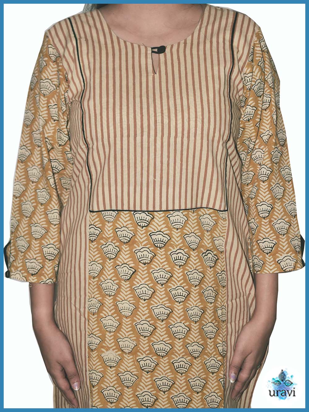 Pranaya – Ochre Sanganeri Handblock Panel Kurta with Buttoned Sleeves