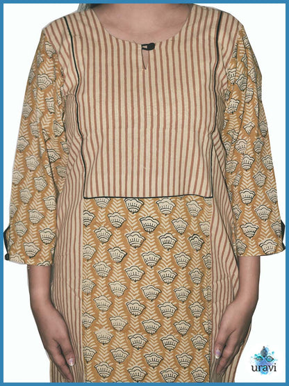 Pranaya – Ochre Sanganeri Handblock Panel Kurta with Buttoned Sleeves