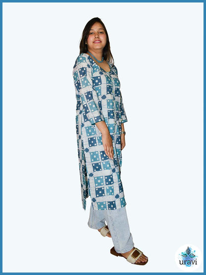 Neyara – Indigo Patch Sanganeri Kurta with Pockets