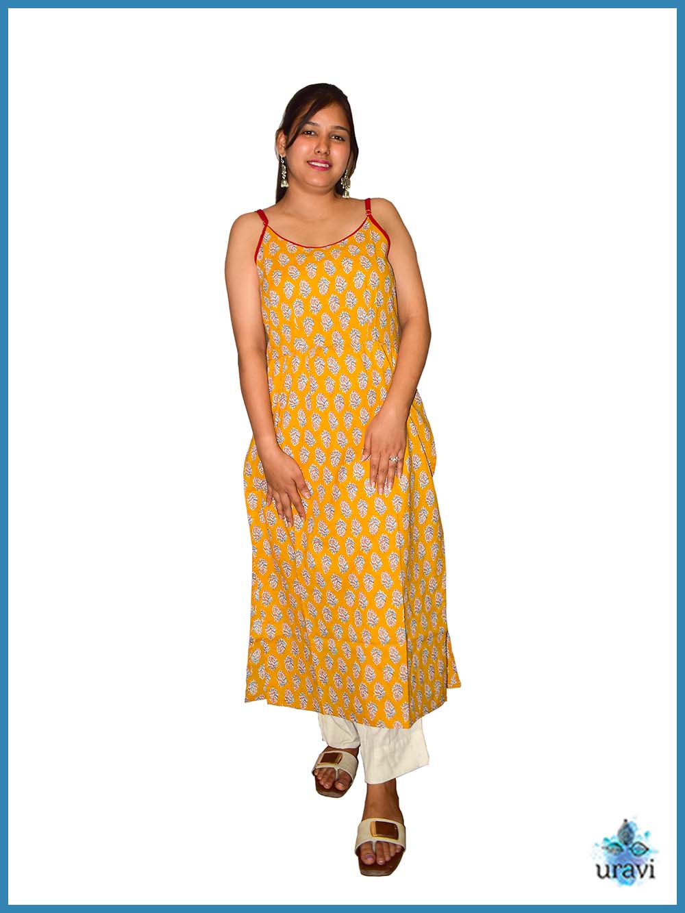 Kumudini – Mustard Sanganeri Screen Print Strappy Kurta
