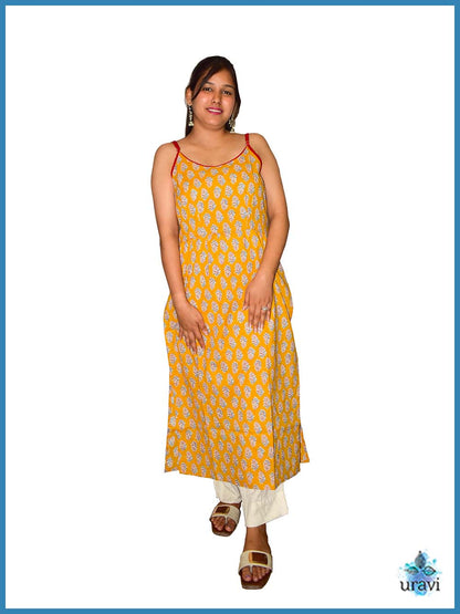Kumudini – Mustard Sanganeri Screen Print Strappy Kurta