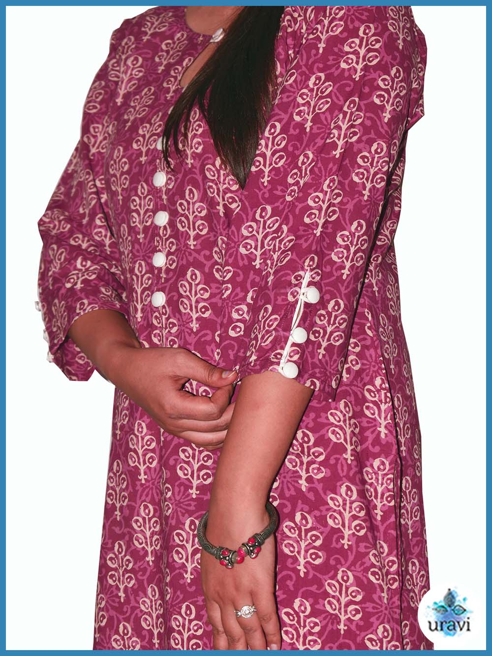 Vasundhara – Rose Dabu Handblock Kurta with Cloth Buttons