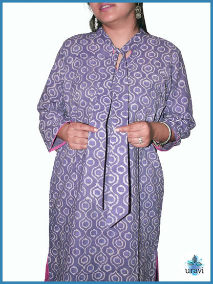 Lavanya – Lilac Dabu Handblock Kurta with Neck Tie Detail