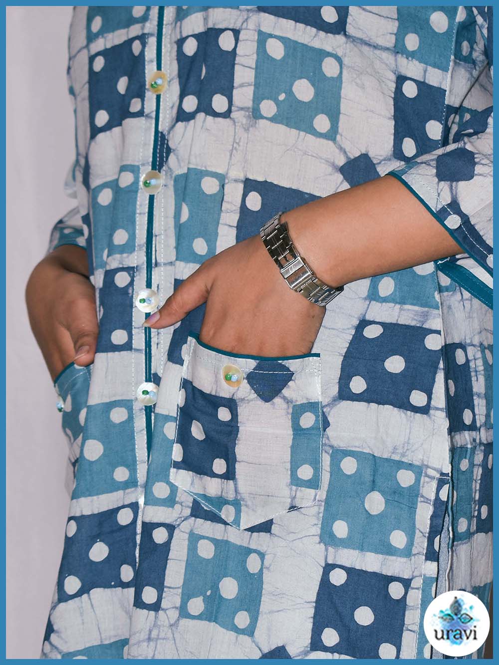 Neyara – Indigo Patch Sanganeri Kurta with Pockets
