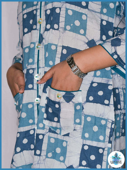 Neyara – Indigo Patch Sanganeri Kurta with Pockets
