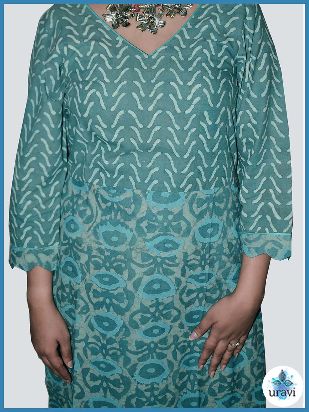 Amulya – Teal Dabu Handblock Dual Print Kurta with Scallop Sleeves