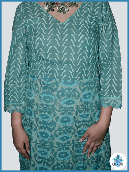 Amulya – Teal Dabu Handblock Dual Print Kurta with Scallop Sleeves