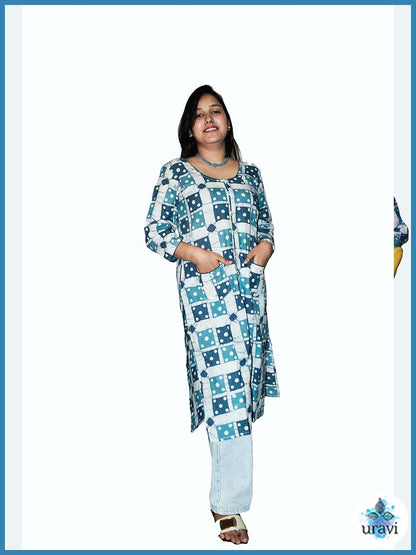 Neyara – Indigo Patch Sanganeri Kurta with Pockets
