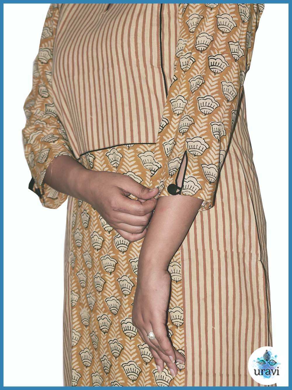 Pranaya – Ochre Sanganeri Handblock Panel Kurta with Buttoned Sleeves