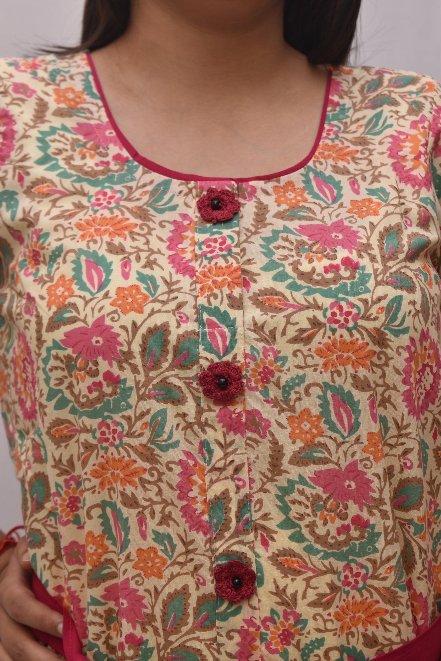 Aarunya – Cream Sanganeri Floral Belted Midi Dress with Crochet Fabric Buttons