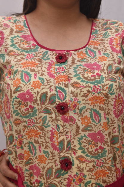 Aarunya – Cream Sanganeri Floral Belted Midi Dress with Crochet Fabric Buttons