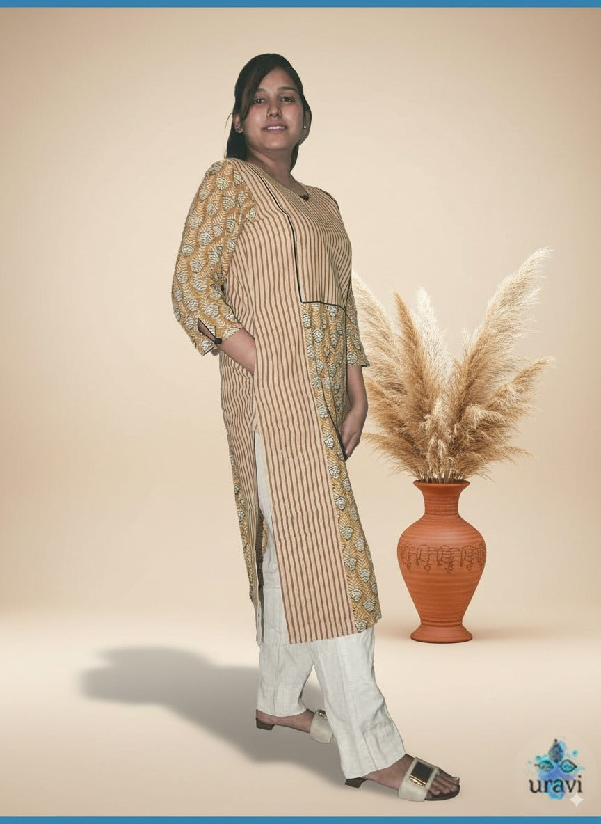 Pranaya – Ochre Sanganeri Handblock Panel Kurta with Buttoned Sleeves