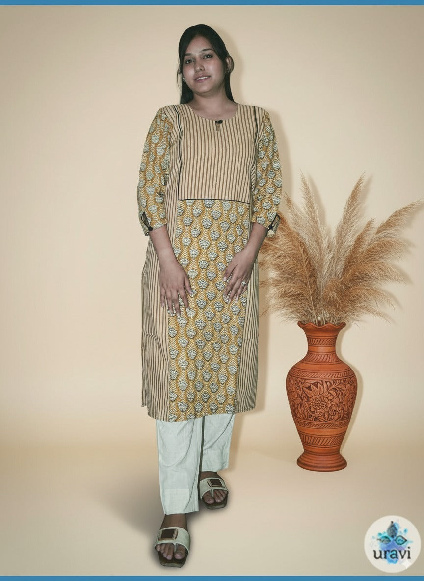 Pranaya – Ochre Sanganeri Handblock Panel Kurta with Buttoned Sleeves
