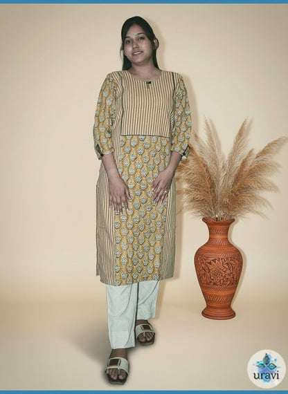 Pranaya – Ochre Sanganeri Handblock Panel Kurta with Buttoned Sleeves