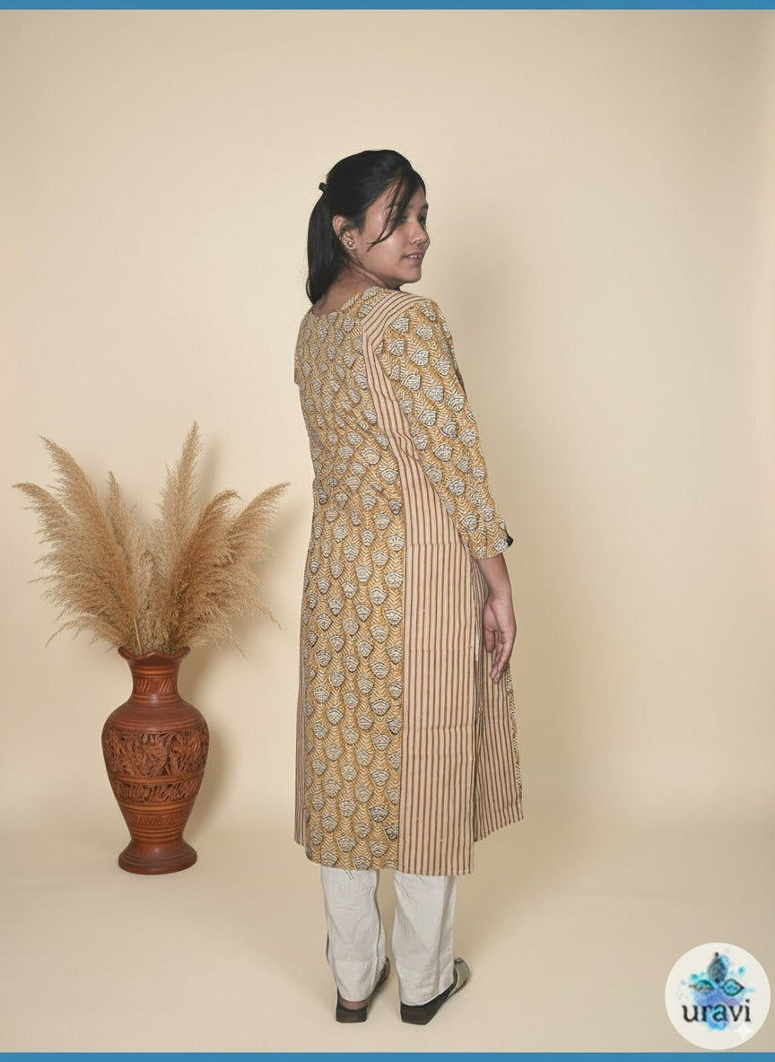 Pranaya – Ochre Sanganeri Handblock Panel Kurta with Buttoned Sleeves