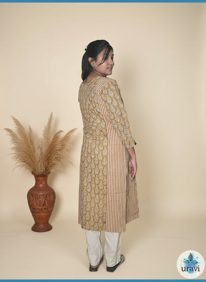Pranaya – Ochre Sanganeri Handblock Panel Kurta with Buttoned Sleeves