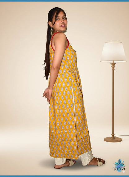Kumudini – Mustard Sanganeri Screen Print Strappy Kurta