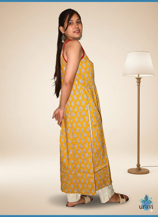 Kumudini – Mustard Sanganeri Screen Print Strappy Kurta