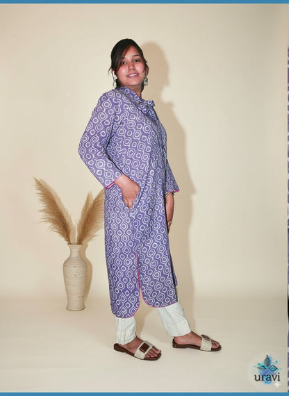 Lavanya – Lilac Dabu Handblock Kurta with Neck Tie Detail