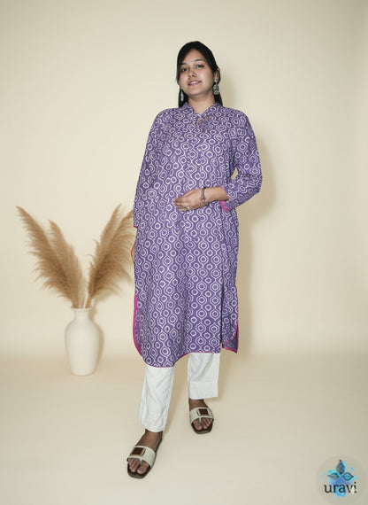 Lavanya – Lilac Dabu Handblock Kurta with Neck Tie Detail