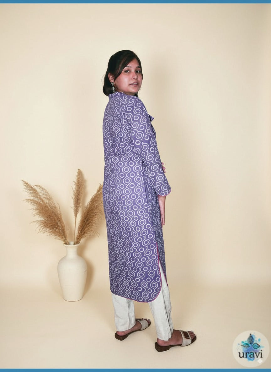 Lavanya – Lilac Dabu Handblock Kurta with Neck Tie Detail