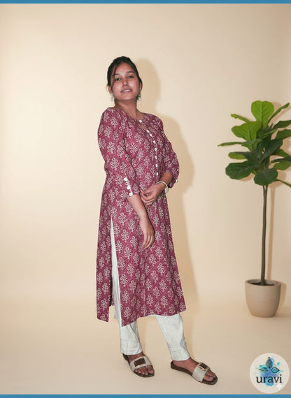 Vasundhara – Rose Dabu Handblock Kurta with Cloth Buttons