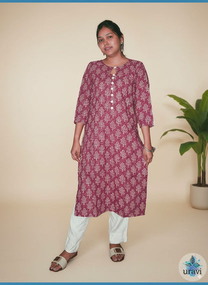Vasundhara – Rose Dabu Handblock Kurta with Cloth Buttons