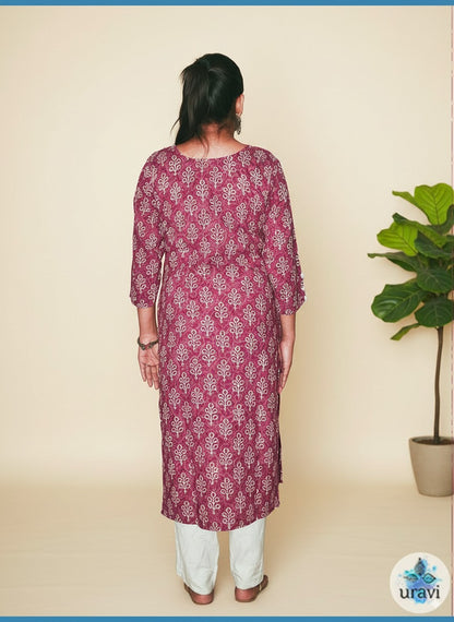 Vasundhara – Rose Dabu Handblock Kurta with Cloth Buttons