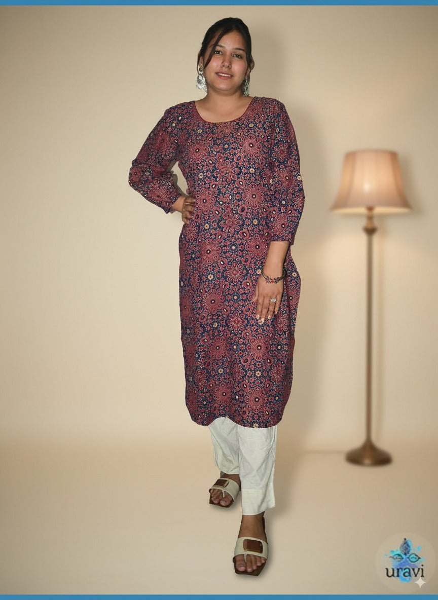 Sharvangi – Indigo-Rust Sanganeri Handblock Kurta with Cuffed Sleeves