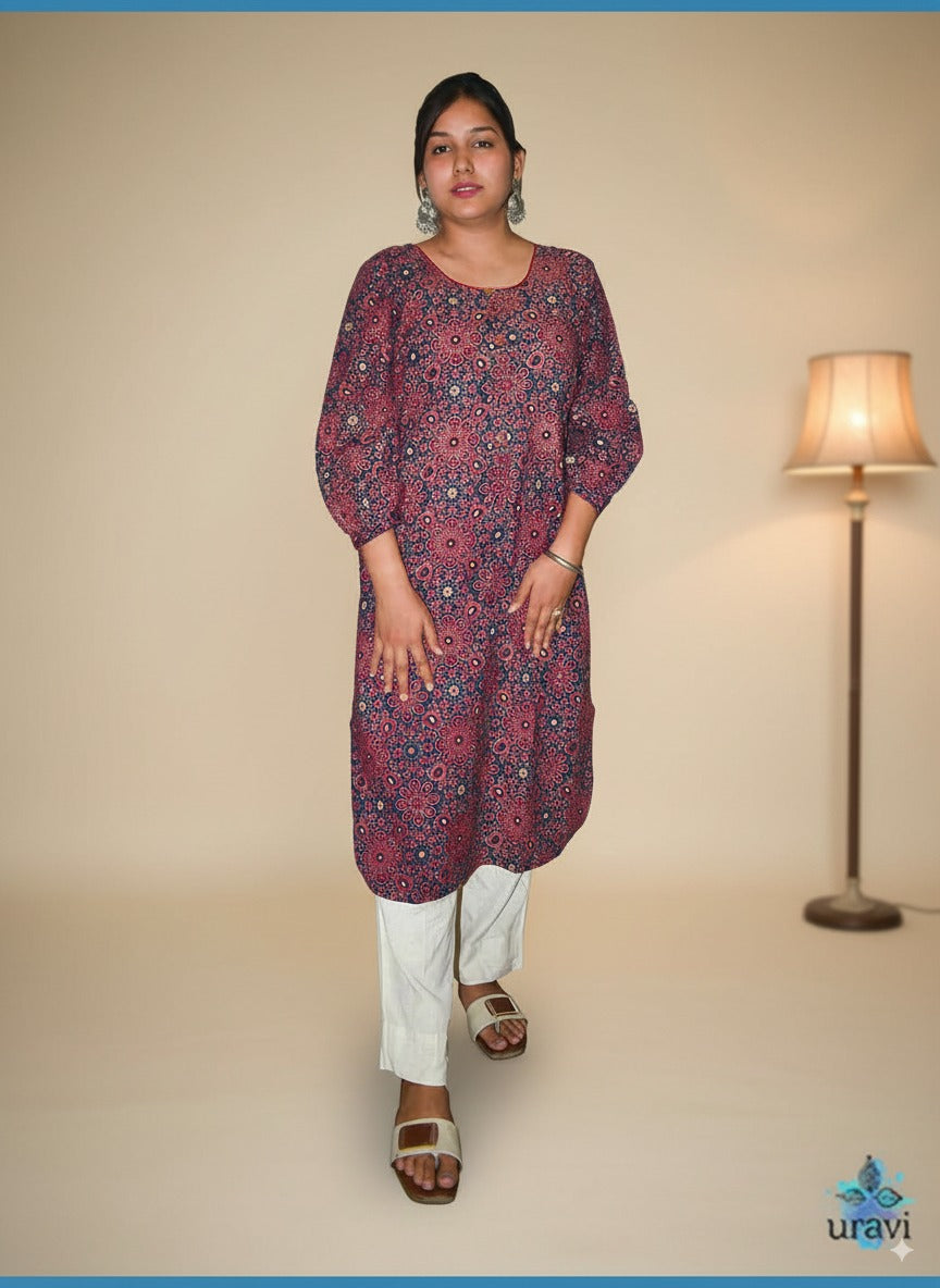 Sharvangi – Indigo-Rust Sanganeri Handblock Kurta with Cuffed Sleeves