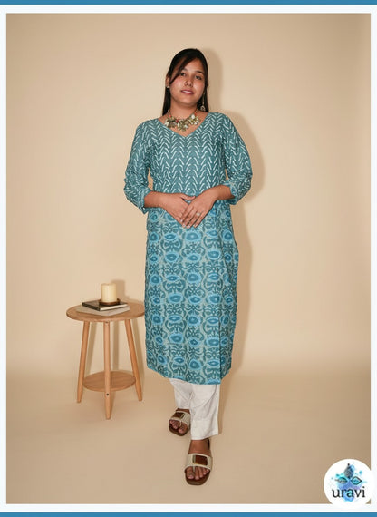 Amulya – Teal Dabu Handblock Dual Print Kurta with Scallop Sleeves