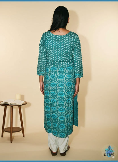 Amulya – Teal Dabu Handblock Dual Print Kurta with Scallop Sleeves