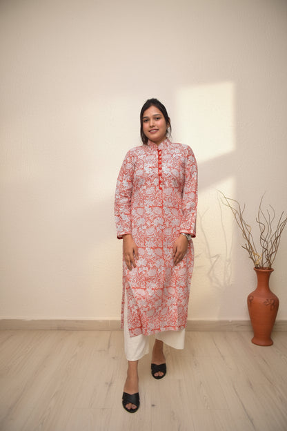 Tavisha – Orange Floral Straight Kurta with Mandarin Collar