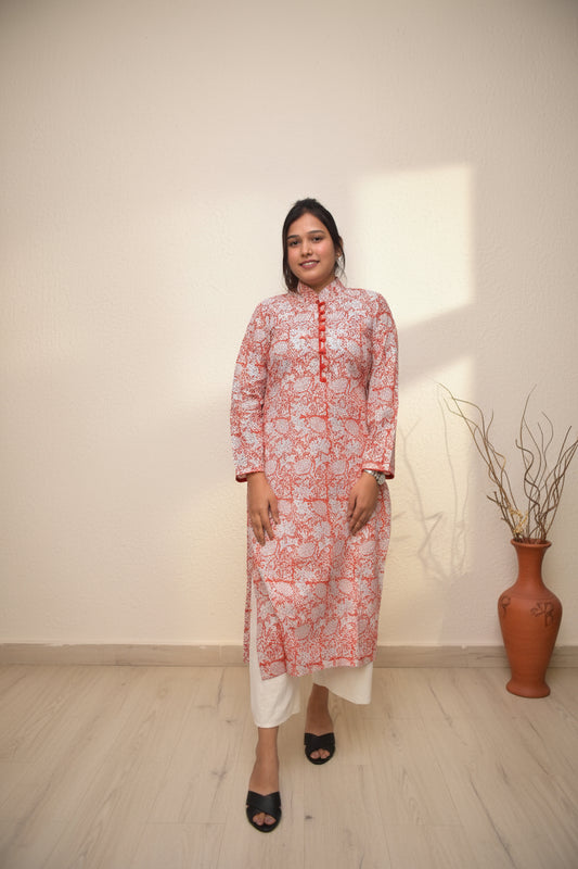 Tavisha – Orange Floral Straight Kurta with Mandarin Collar