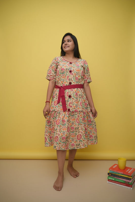 Aarunya – Cream Sanganeri Floral Belted Midi Dress with Crochet Fabric Buttons