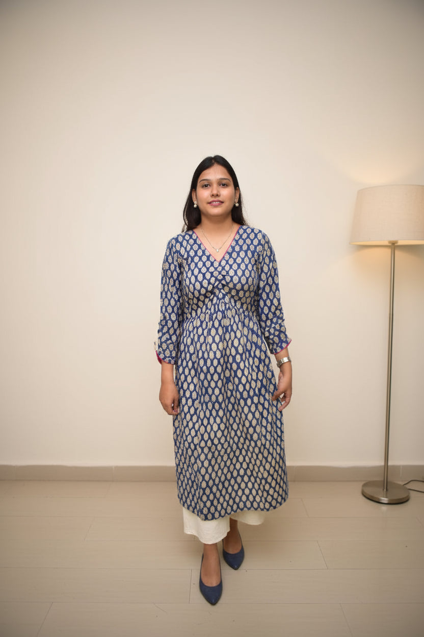 Neel Tara – Royal Blue Sanganeri Ruched Empire Kurta