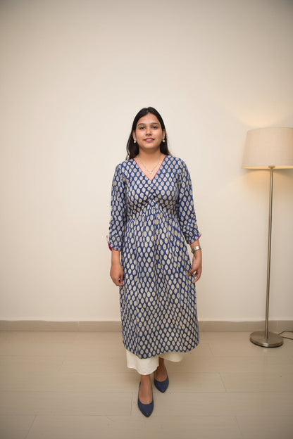 Neel Tara – Royal Blue Sanganeri Ruched Empire Kurta
