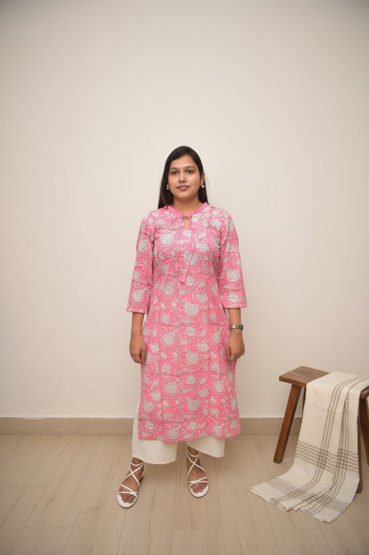 Amalya – Rose Pink Kurta with Mughal Floral Vines & Pleated Keyhole Neck