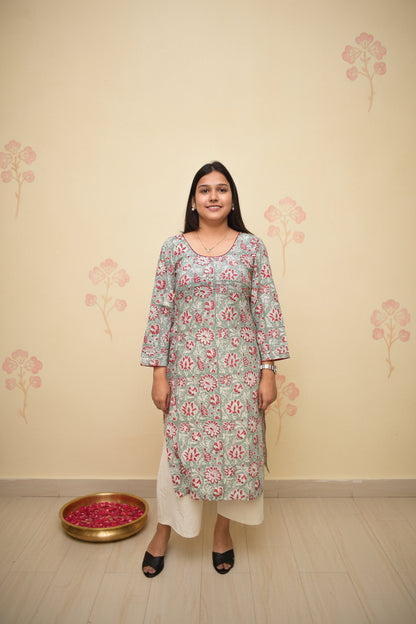 Taru – Sage Grey Kurta with Red-White Floral Dabu Print & Pin-Tucked Sleeves