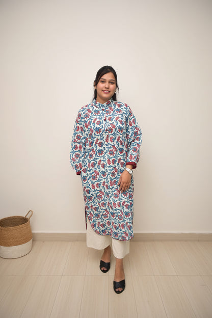 Pushpika – White Kurta with Red-Blue Mughal Floral Print & Balloon Sleeves