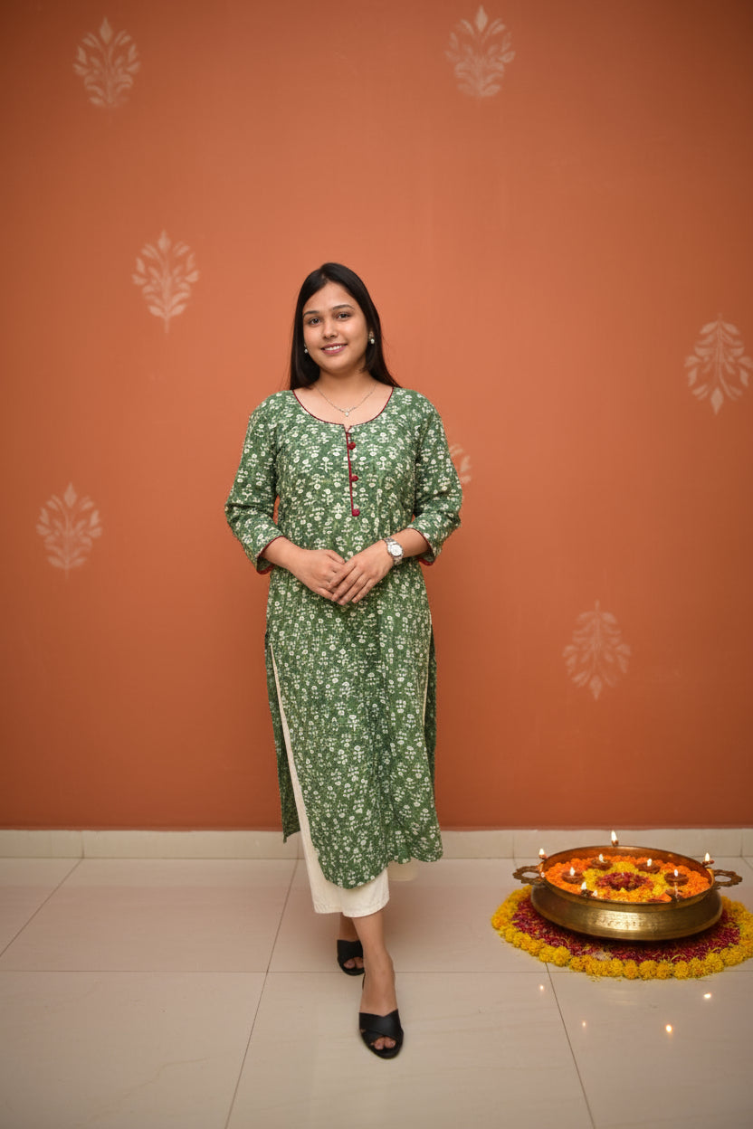 Gulmohar – Moss Green Dabu Handblock Kurta with Contrast Button Detailing