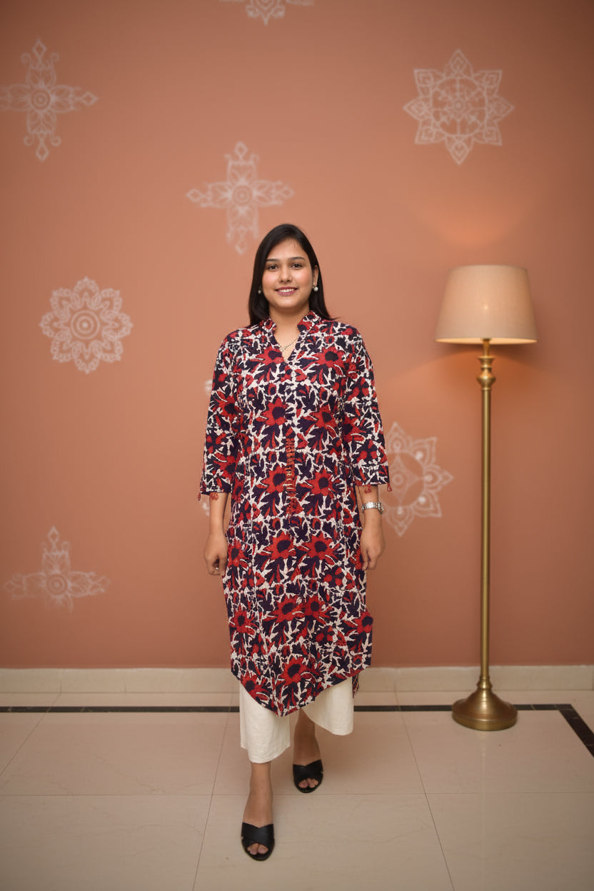 Neelima – Maroon Dabu Kurta with White Floral Vines & Deep Purple Sleeve Accents