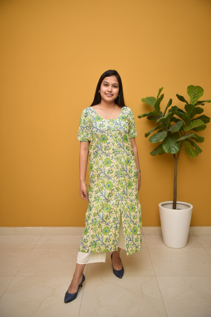 Avni – Pistachio Green Sanganeri Kurta with Fabric Button Placket & Front Slit