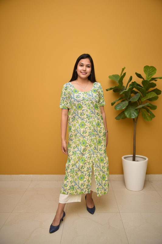 Avni – Pistachio Green Sanganeri Kurta with Fabric Button Placket & Front Slit