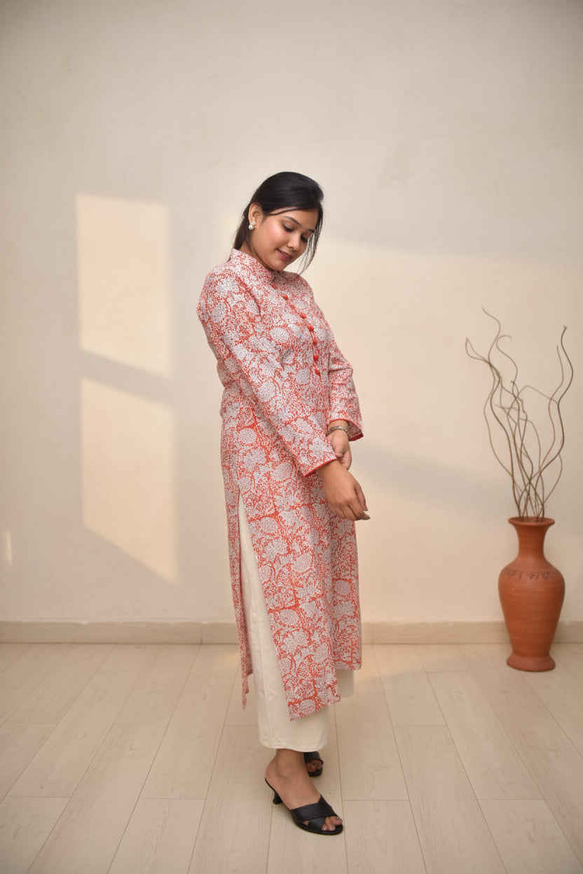 Tavisha – Orange Floral Straight Kurta with Mandarin Collar