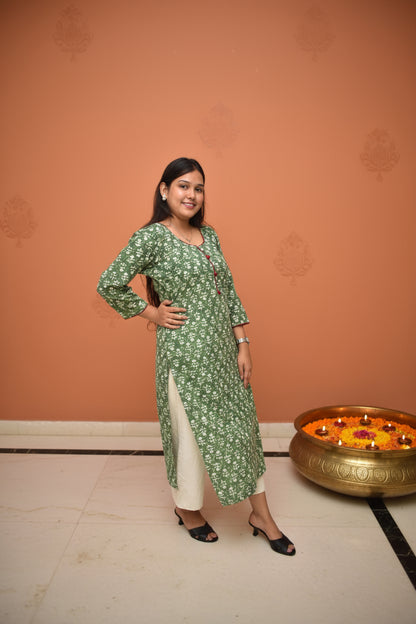 Gulmohar – Moss Green Dabu Handblock Kurta with Contrast Button Detailing