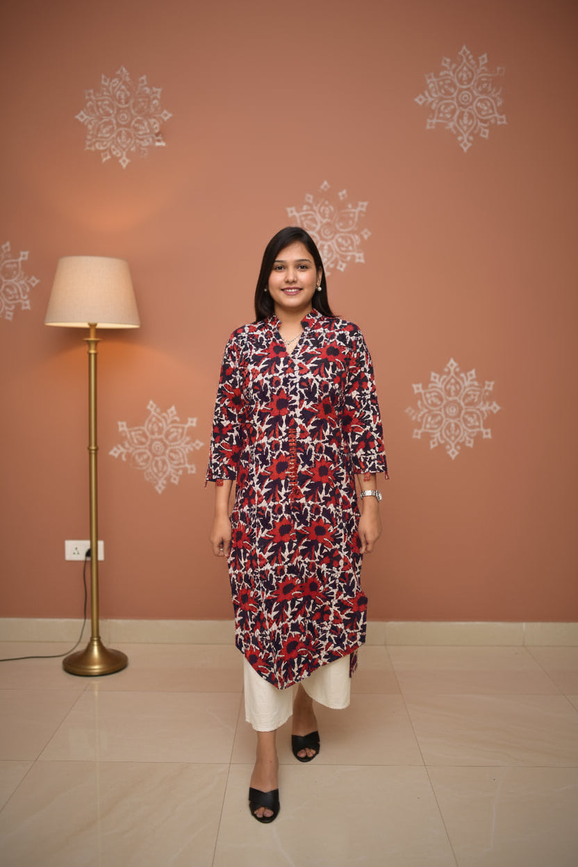 Neelima – Maroon Dabu Kurta with White Floral Vines & Deep Purple Sleeve Accents